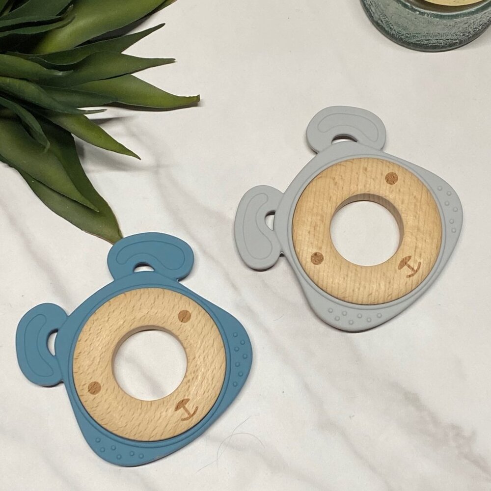Bear Baby Teether Toys Set of 2, Gray, Blue, Sensory Baby Toy, Woodland Theme